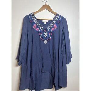 Coldwater Creek Womens‎ PM Embroidered Tunic Top Curtain Back V Neck Shirt